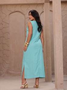 Women's Linen Midi Dress With Pockets, Plain, Wide Straps, Elegant - Mint Blue - View 2