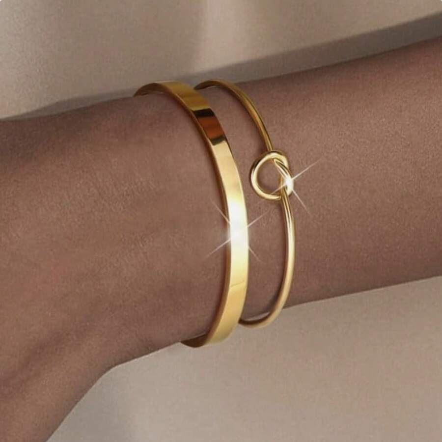 Set Of 2 Luxury Bracelets For Women: Heart-Shaped Knot Bracelet + Smooth Metal Bracelet - 金色 - 查看 1