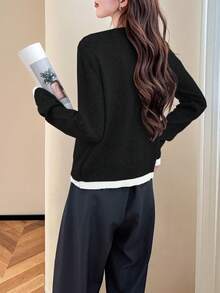女士秋冬极简V领二合一毛衣开衫 黑色 - 黑色 - 查看 2