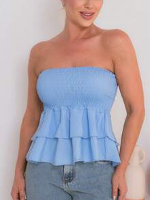 Cropped Elastic Blouse With Ruffle - Baby Blue - View 5