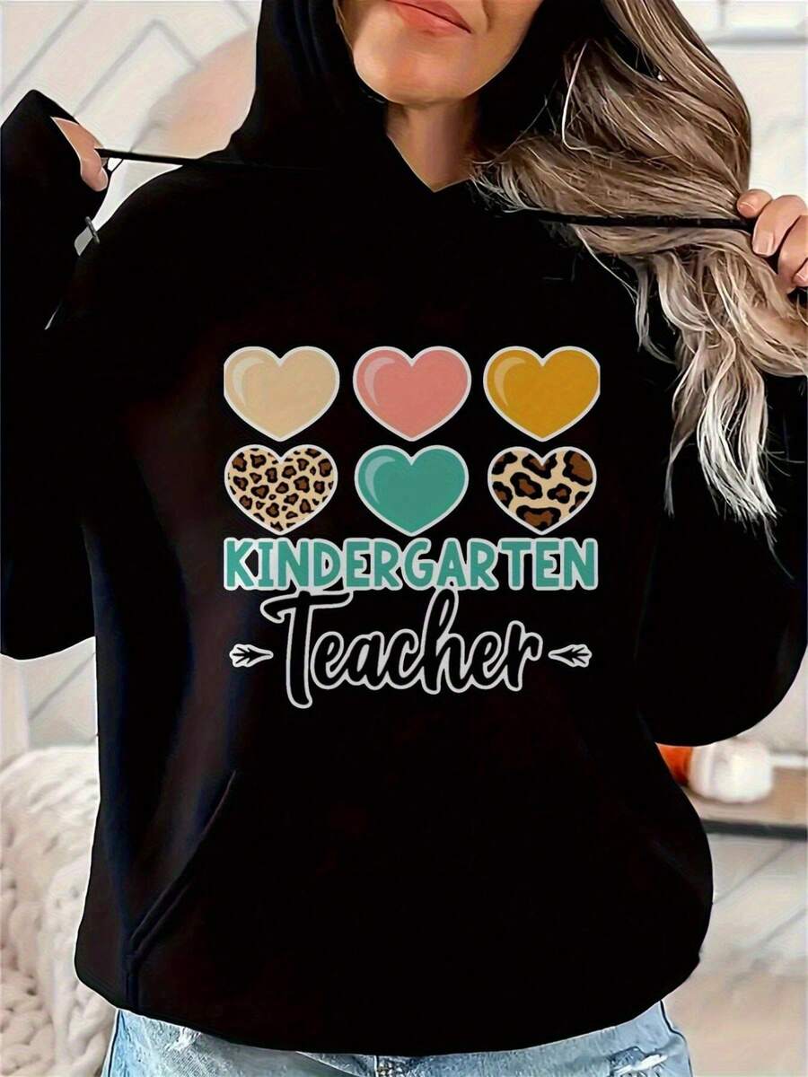 Women's Black Hoodie With Colorful Heart & Leopard Print Design, Kindergarten Teacher Graphic, Loose Fit Sporty Pullover, Medium Stretch Machine Washable Autumn Winter Casual School Wear, Mediumstretch Fabric, Essential Hoodie - Đen 10 - Xem 1
