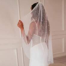 1 Romantic Bridal Veil With Artificial Pearl Decoration Perfect For Weddings, Photo Shoots And Formal Events - 白色 - 查看 2