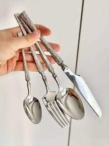 4/16/24pcs Stainless Steel Cutlery Set, Includes Steak Knife, Fork, Spoon, Suitable For Kitchen, Dining, Wedding, Party, Holiday Gift - 銀色 - 查看 3