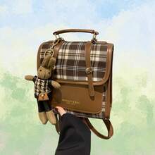 Fashion Crossbody Bag Lightweight Backpack Bag Plaid Pattern Satchel Retro Purses Handbags With Bunny Doll Pendant - màu nâu - Xem 2