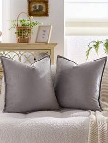1pc Velvet Edged Throw Pillow Cover Solid Square Cushion Case For Sofa, Bedroom And Car,Fall Decor,Autumn Decor,Room Decor - Light Grey - View 5