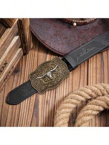 Vintage Style Men's PU Leather Belt, Adjustable Buckle With Cowboy-Inspired Bull Head Pattern, Suitable For Cosplay