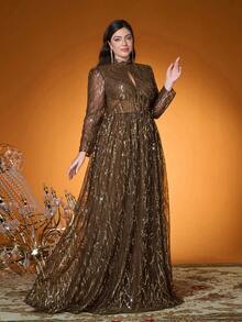 Mgiacy、新品、高领、亮片、高端、加大码舞会礼服、镂空、透视、金属扣、长袖、长裙、适合、毕业、舞会婚礼、派对礼服、婚礼宾客礼服、晚礼服