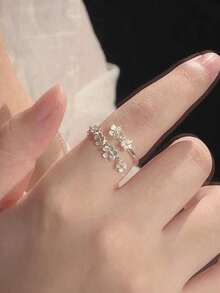 2 件套复古法式宫廷风格小巧可爱可调节 3D 鸢尾花银戒指