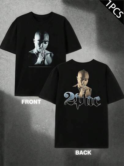 T-shirt graphique rappeur, imprimé recto verso pour homme, col rond décontracté et , pur coton 220 g/m² (1 pièce)