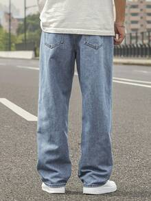 Men's Relaxed Fit Light Blue Straight Leg Jeans, Vintage Y2K Style, Simple & Versatile - Baby Blue - View 5