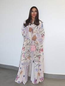 2pcs Modest Printed Cardigan Abaya With Headscarf Set, Middle Eastern Dubai Style Outerwear Eid Spring - Printing Color - View 5