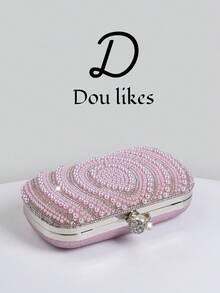 优雅的泪珠形粉红珍珠晚宴手拿包，适合旗袍的高端订婚手提包，配有金属链带，优雅的女士派对包适合舞会、婚礼、毕业舞会、正式晚宴/宴会，完美搭配女士毕业舞会礼服、毕业舞会配饰、亮片礼服、闪亮礼服、女士优雅礼服。 - 粉色 - 查看 5