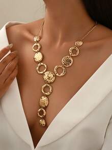 1 件复古夸张时尚锤纹几何圆形拼接 Y 形流苏长项链，奢华几何多不对称圆形链接金色毛衣链项链配饰，适合女性日常、宴会、派对穿着 - 金色 - 查看 2