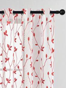 1 pieza Cortina de panel de poliéster semitransparente y ligera con diseño bordado de hojas, estilo bohemio, adecuada para sala de estar, dormitorio, estudio, comedor, decoración del hogar, con anillos superiores para una fácil instalación - Rojo - Ver 3