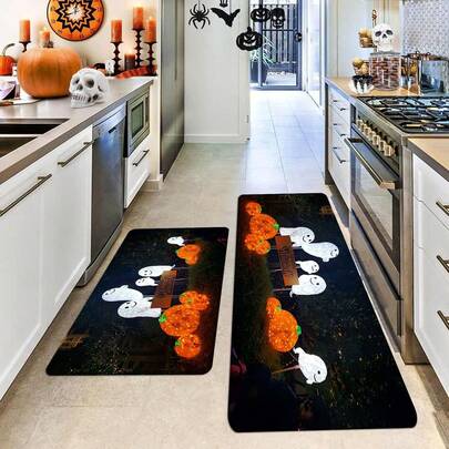 حصيرة مطبخ بموضوع هالوين سميكة بسماكة 1.2سم/0.47 بوصة قطعة واحدة، حصيرة أرضية بنمط اليقطين الكيوت والشبح الساذج، حصيرة قدم مقاومة للاتساخ وغير انزلاقية، حصيرة مدخل الباب، سجاد بوليستر قابل للغسل في الغسالة، ديكور منزلي لحفلة هالوين