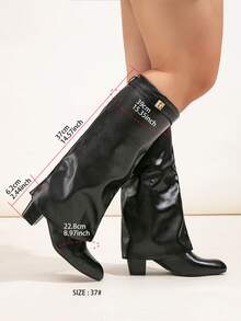 女士时尚宽版仿麂皮高筒靴，假日度假氛围，可折叠筒靴，粗跟，黑色性感户外及膝靴，带鲨鱼扣装饰 - 絨布黑色 - 查看 9