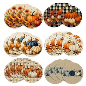 4/6/8 st. rutiga bordsunderlägg med pumpa och lönnlöv, 14 tums runda, vintage lantlig stil, höstdekoration för fest, kök, matsal