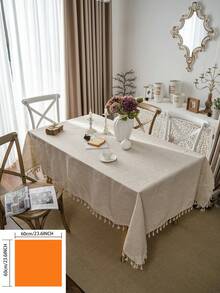 1pc Plain Linen Tablecloth With Tassels, Rustic Farmhouse Style, Versatile For Kitchen, Coffee Table, TV Stand, Suitable For Daily Use, Holidays, Family Gatherings, Birthday Parties, Weddings, Dinner Parties, All Seasons