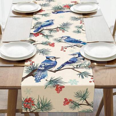 1pc Blue Bird Decorative Table Runner, Christmas Blue Jay Pine Branch Red Berry Kitchen Dining Table Decor, Seasonal Burlap Indoor Outdoor Home Decor Party Supplies