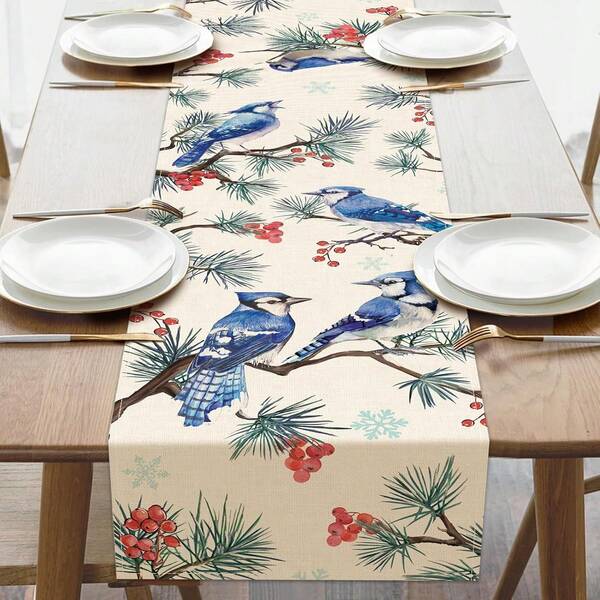 1 pièce Chemin de table décoratif Oiseau bleu, Branche de pin Geai bleu de Noël Baie rouge Décoration de table de cuisine et salle à manger, Décorations de saison en toile de jute pour la maison intérieure et extérieure, Fournitures pour fête