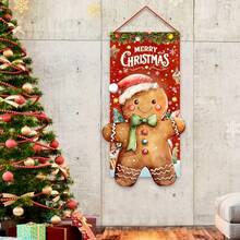1 Stück, 50x100cm, Weihnachts-Themen Polyester Hängefahne, geeignet für Weihnachts-Türrahmen Dekorationen, Garten Flagge Dekorationen und Wohnzimmer Dekorationen. Aus Polyester gefertigt, mit einem Retro-Landhausstil Lebkuchenmann Motiv vor rotem Festtagshintergrund.
