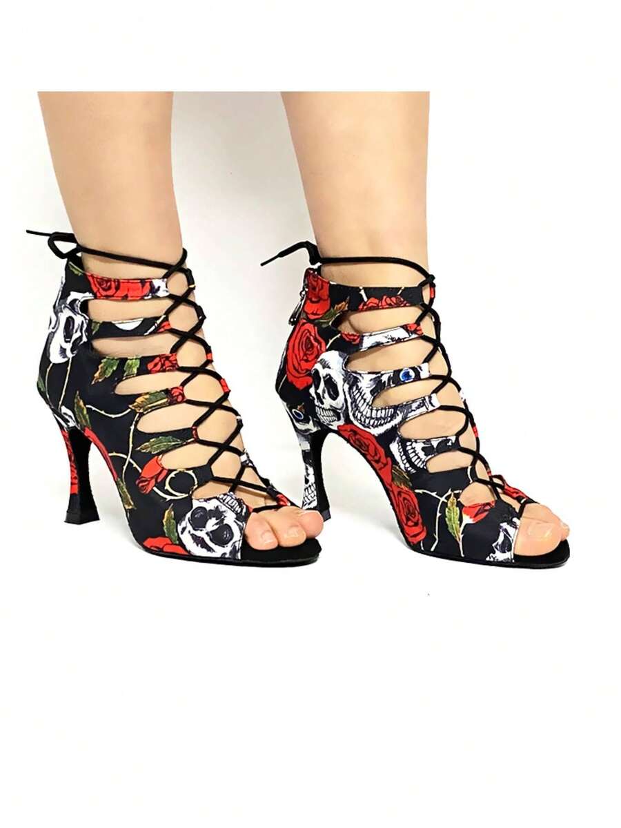 9cm High Heel Skeleton Printed Latin Dance Shoes, Soft Non-Woven Fabric Lace-Up, Comfortable Indoor Sole, Suitable For Party, Halloween, All Seasons - Red 9cm - View 1