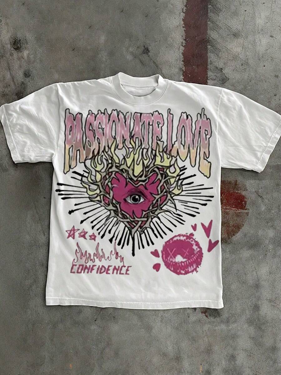 "Passionate Love" Edgy Graphic Tee Y2k Style Tee (220g Cotton T-Shirt) Printed T-Shirts, Unisex T-Shirts, Casual And Comfortable To Wear Men's Summer Round Neck Short Sleeve T-Shirts, Fashion Printed T-Shirts, Uni T-Shirts, Casual And Comfortable To Wear Vintage - Style Graphic T - Shirt (220g Cotton T-Shirt) Streetwear Tee Printed T-Shirts, Cotton T Shirt Unisex T-Shirts, Casual And Comfortable To Wear Men's T - Shirt Ideal For Both Casual Outings And Home Relaxation Funny T Shirts Graphic Tee - 白色 - 查看 1