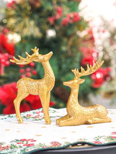 2pcs Gold Resin Deer Figurines, Room Decor, Bedroom Decor Home Decor Christmas Decorations Christmas