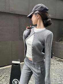Early Autumn Casual Korean Style Slim Fit Cardigan Sweater For Women - Grey - View 5