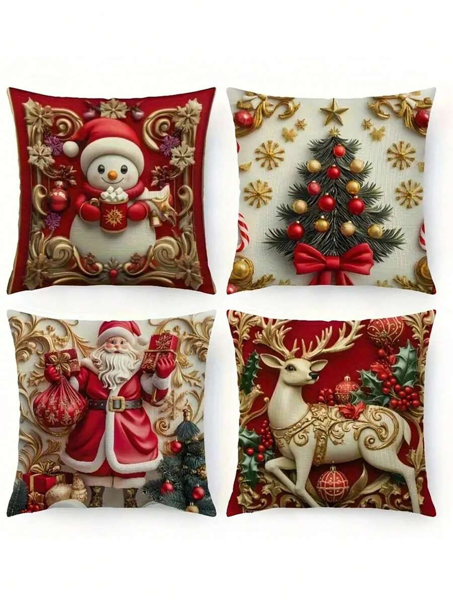 4 piezas Fundas de cojín con estampado 2D de árbol de Navidad, Papá Noel y renos de muñeco de nieve, decoración festiva para sofá, cama, coche, sala de estar y hogar, adecuado para decoración de granja, fiesta de invierno, regalos de Navidad (no incluye relleno)