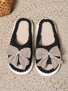 Zapatillas de mujer para otoño/invierno con lazo de pana, suela gruesa, borde de felpa suave, abierta de dedo, antideslizante y cálida, zapatillas de algodón para interiores. Sandalias de verano para damas. - Negro - Ver 4