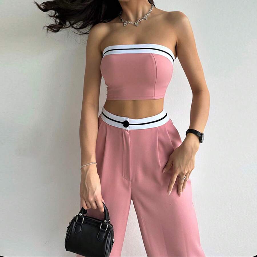 Europäische und amerikanische Damenmode Neue heiße Mädchen Oberbekleidung Sportweste Tube Top Farbblock Hochtaillierte Weite Hosen Freizeitset - Rosa - Übersicht 1