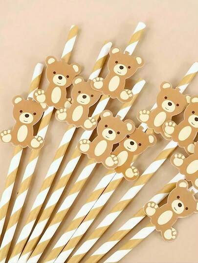 20/50/100pcs Bear Paper Straws Cute Brown Bear Disposable Drinking Straw Kids Birthday Baby Shower Party Decoration Supplies,1st Birthday Party DIY Decoration Supplies Gender Reveal Decoration,Christmas