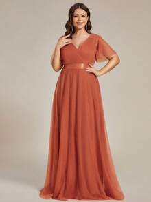 大碼交疊領蝴蝶袖網紗連衣裙 - 鏽棕色 - 查看 6