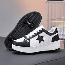 Teenagers' Roller Skates, 4-Wheel Detachable, Boys' Black & White, Multi-Functional Heelys, Ice Skates, All Season, Star Lace-Up Casual Sports Shoes