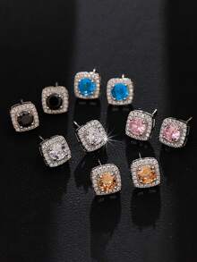 2pcs Cubic Zirconia Square Stud Earrings, Fashionable Luxury Personalized High-End Unisex Earrings For Daily Wear