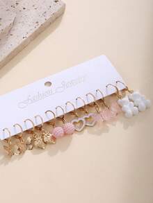 36-12 件卡通女孩耳环套装，粉色小熊，透明蝴蝶，空心心形，可爱风格，适合日常、度假、少女礼物 - 彩色 - 查看 12