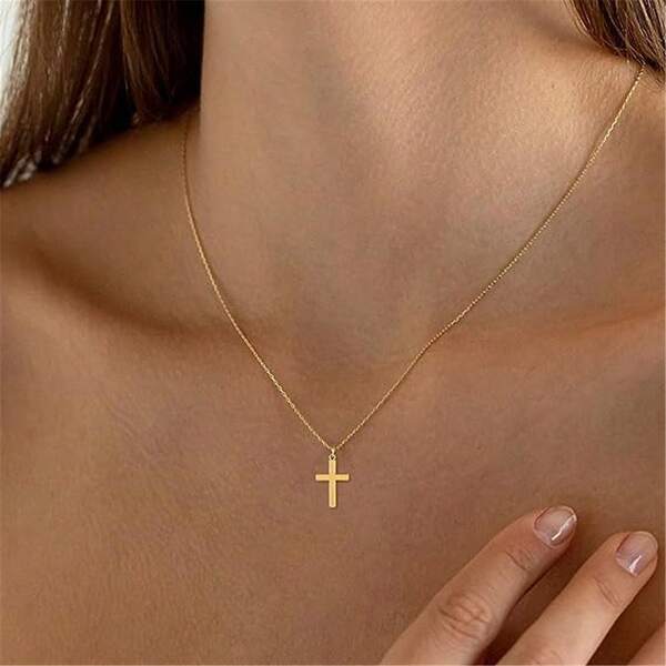 Stainless Steel 18K Gold-Plated Chain Herringbone Necklace For Women And Girls, Gift Jewelry, 18K Gold-Plated Pendant Necklace, Cross-Shaped Pendant, Delicate And Simple Neck Accessory For Women And Girls.