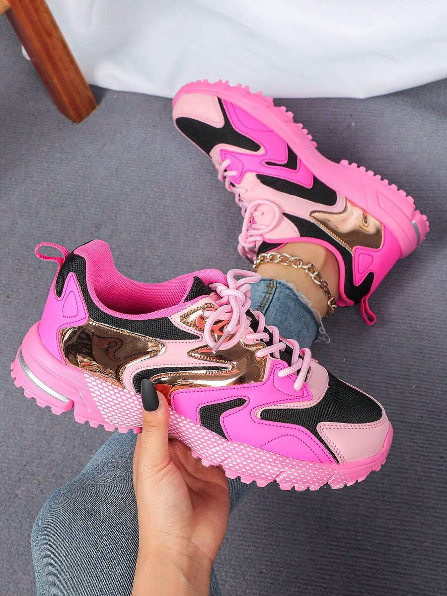 Women's Breathable And Comfortable Multi-Color Stitching Sports Shoes, Walking Tennis Shoes, Lightweight Casual Outdoor Women's Shoes, Suitable For Gym Travel Work Gift - 黑玫粉 - 查看 1