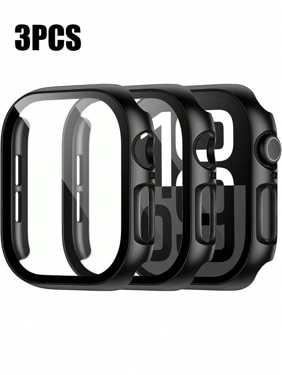 3 件装 PC + 钢化玻璃一体式表壳，防摔时尚保护套，兼容 表壳 40/41/42/44/45/46/49 毫米，兼容 Series Ultra/Se/11/10/9/8/7/6/5/4，智能手表配件男女款 - 黑色+黑色+黑色 - 查看 1