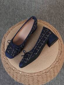 Square Toe Chunky Heel Shoes, Bowknot Slip-On Flats, Fashion Slip-On Loafers, Blue Plaid High Heels, Women's High Heel Pumps, Run Large, Size 35-43