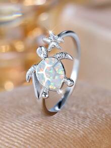 純銀 S925 藍色澳洲蛋白石海龜海星開口戒指女式,適合節日和派對佩戴