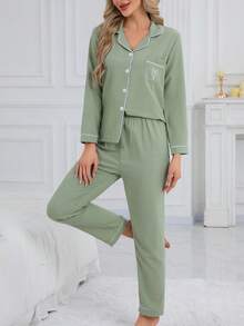 2pcs Women Long Sleeve Top And Pants Pajama Set, Casual Loose Embroidery Heart Homewear Suitable For Home And Outdoor, Autumn, Fall Winter Clothes, Christmas - Green - View 6
