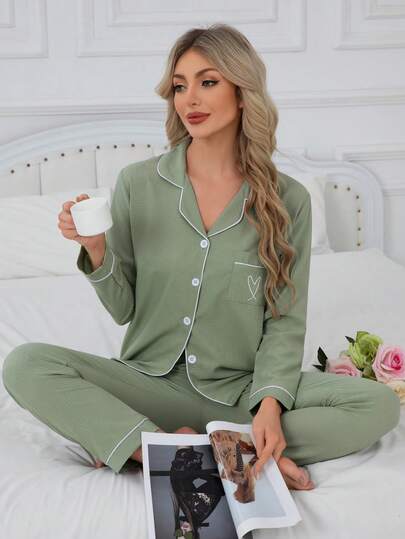 2pcs Women Long Sleeve Top And Pants Pajama Set, Casual Loose Embroidery Heart Homewear Suitable For Home And Outdoor, Autumn, Fall Winter Clothes, Christmas