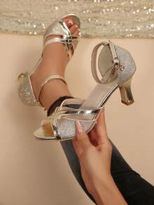 1 Pair Teenage Girls' Lace Embroidered Round Toe Chunky Heel Pumps, Apricot Color, Elegant & Versatile, PU Leather, Comfortable & Non-Slip, Heel Height 7.5cm, 2026 Spring/Summer New Style, Recommend Sizing Up One Size - Gold - View 1