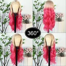13X4 Ombre Pink Long Wavy Lace Front Wigs For Women Pink Red Color Long Body Wave Synthetic Hair Wigs 180% Density Pre-Plucked Glueless Red Ombre Colored Long Wavy Hair 26 Inch Free Part Soft Natural Look For Daily Party Use - Blonde Pink - 查看 7