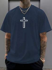 2026 New Men's Short Sleeve Graphic T-Shirt, Jesus Cross Design, Faith, Daily Wear, 100% Cotton, Unisex, Gift Idea For Him Or Her, Religious Clothing, Spiritual Clothing, Design Of - Navy - 查看 2