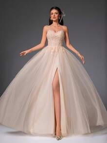 VIPGIRL 香槟色蕾丝吊带舞会礼服，高开衩薄纱晚礼服，优雅刺绣网纱正式舞会礼服，毕业派对礼服，梦幻礼服，A字裙，派对服装 - 香檳色 - 查看 5