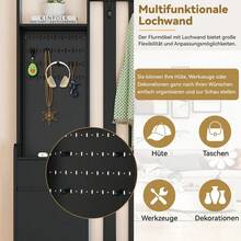 Flurgarderobe mit gepolsterter Aufbewahrungsbank, multifunktionaler Flur-Schuhschrank mit Stecktafel, moderne Garderobe mit 4 Haken für Eingangsbereich, Waschküche, Schwarz,H180/B100/T35 cm