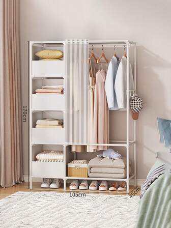 1pc Multi-Layer Portable Wardrobe Storage Rack, Simple Wardrobe Floor-Standing Rental House Storage For Home Use, Floor-Standing Dust-Proof Coat Rack, Dormitory Wardrobe, Clothes Storage Rack, Movable, Easy To Disassemble And Assemble, Suitable For Living Room, Bedroom, Study, Office